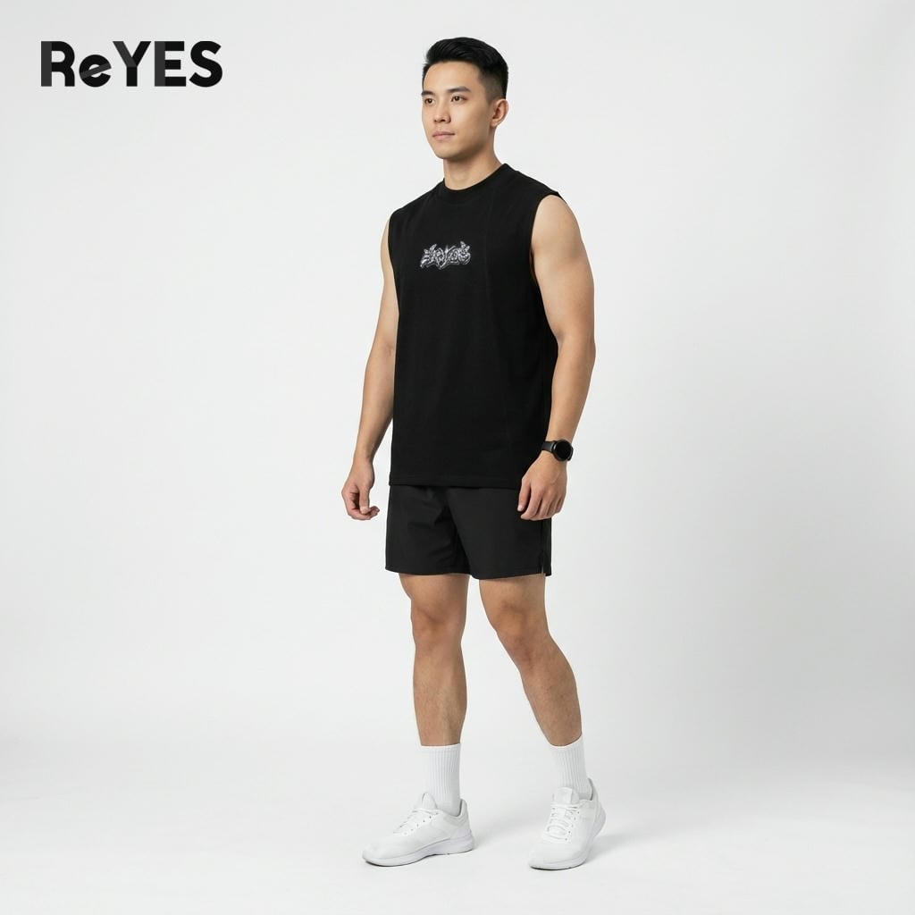 Alternative view of Áo ba lỗ nam Tanktop EMO cotton 100% co giãn 2 chiều, áo trơn in logo, mặc gym mùa hè, đen/trắng M-XXL ReYES RBL004