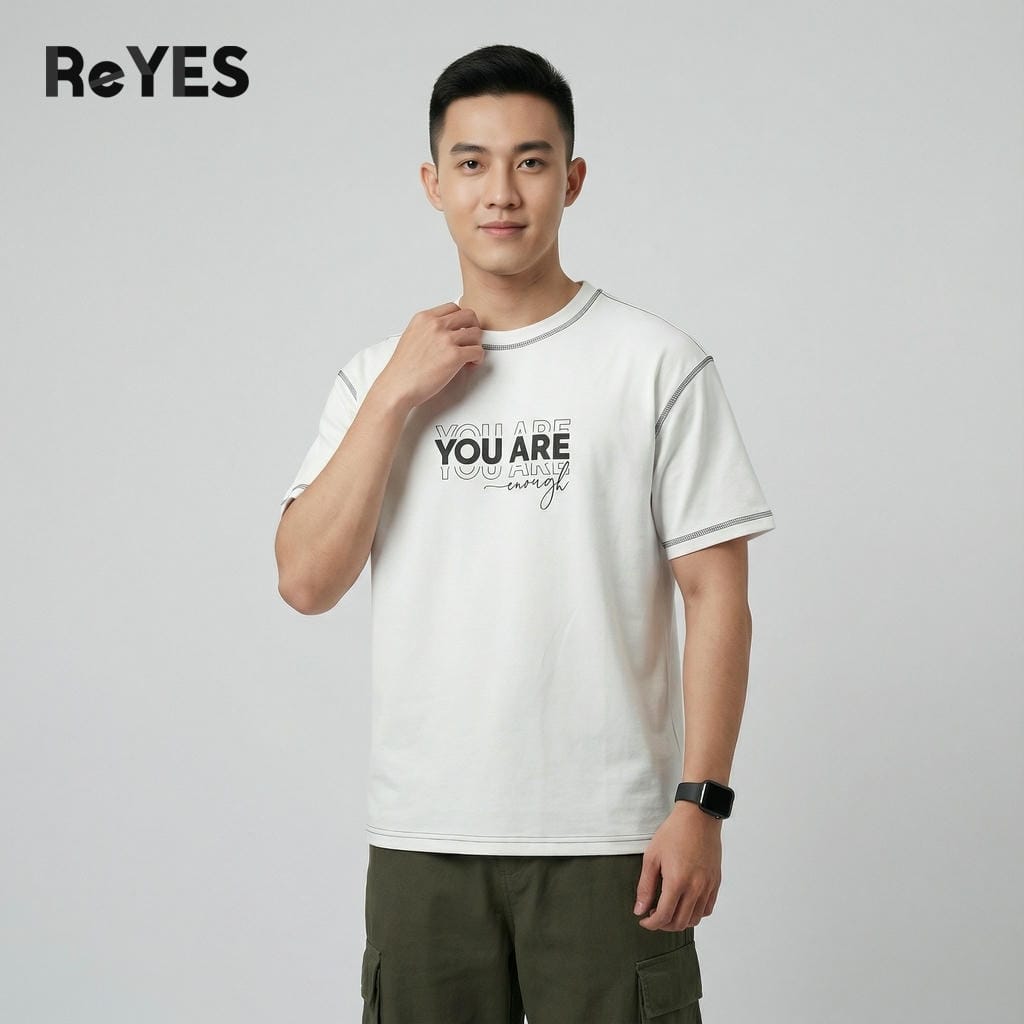 Áo Phông Nam Nữ Unisex Oversize ARE In Chữ, Áo Thun Unisex Basic Trắng Đen Cotton Mát Đi Học ReYES RUS007 - Ảnh 4