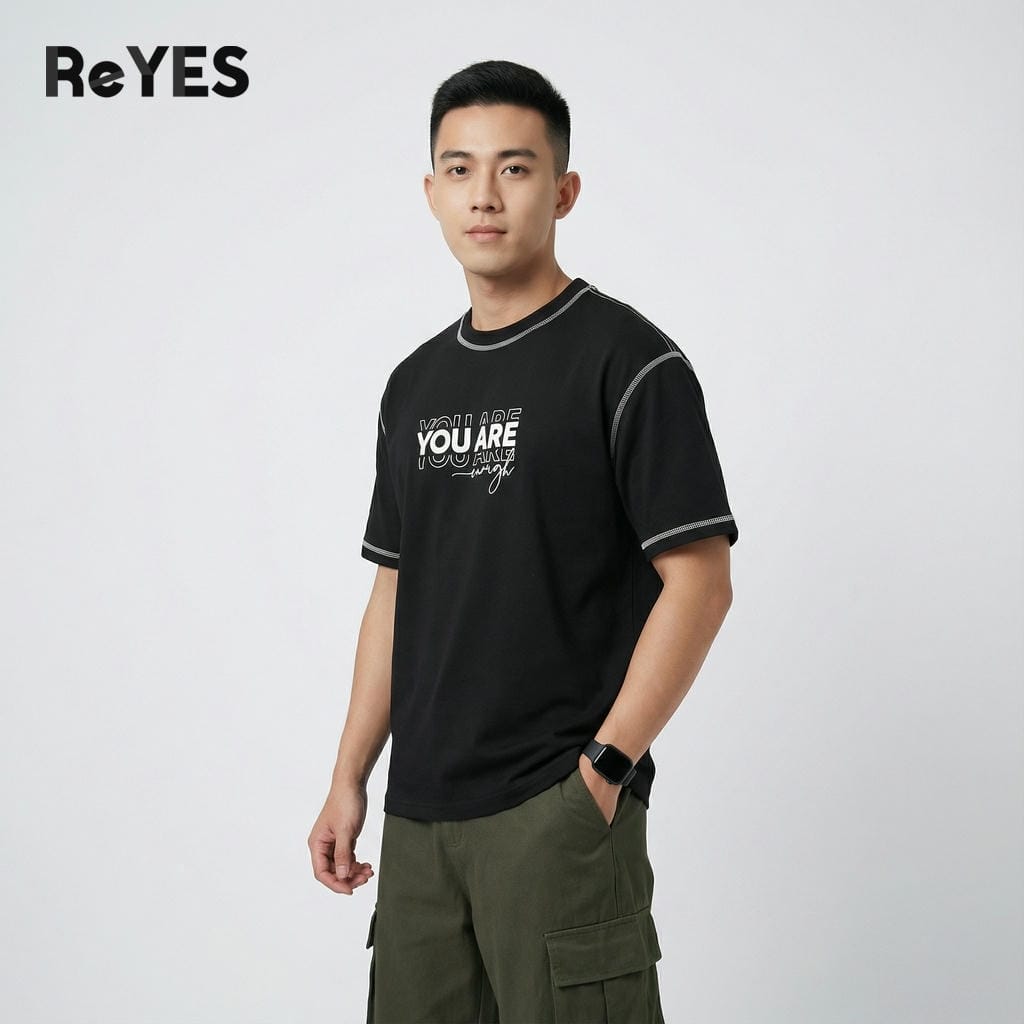 Áo Phông Nam Nữ Unisex Oversize ARE In Chữ, Áo Thun Unisex Basic Trắng Đen Cotton Mát Đi Học ReYES RUS007 - Ảnh 6