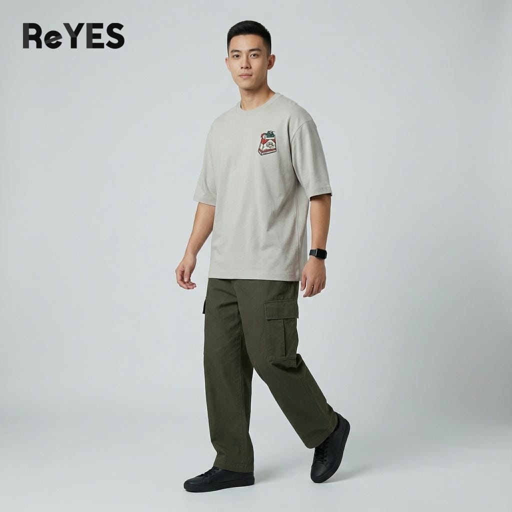 Alternative view of Áo phông unisex BOX form rộng oversize nam nữ cotton cao cấp, áo thun tay lỡ hình in độc phối cargo jogger ReYES ROT015