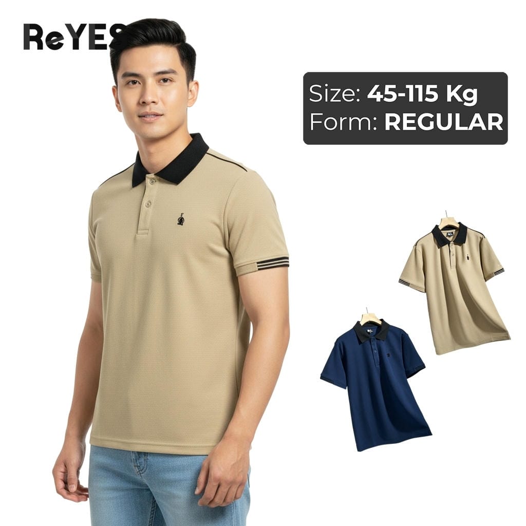 Áo polo nam basis ReYES RSP012 cá sấu vảy cá, regular fit, cổ bẻ phối đen, đi làm, đi chơi, màu xanh đen, be