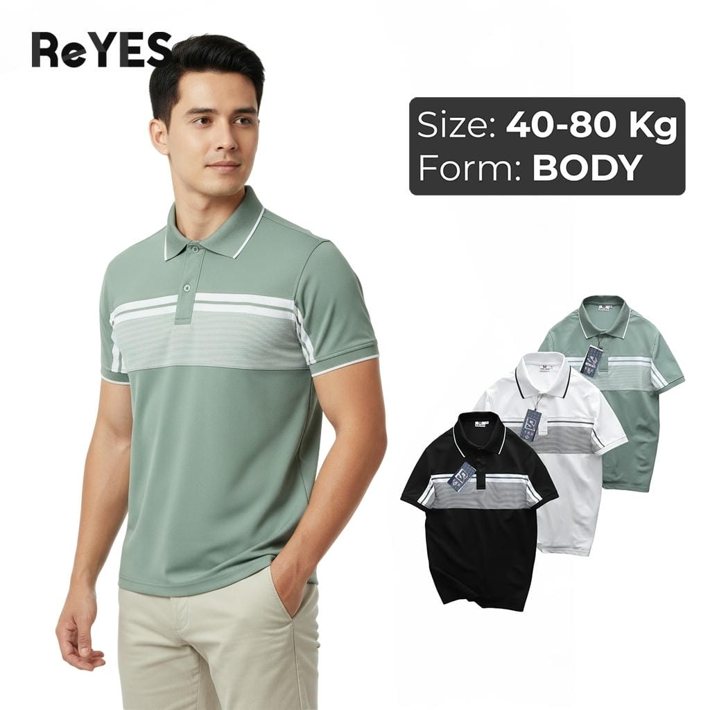 Áo Polo Nam Body ReYES RSB005 Cao Cấp – Vải Cá Sấu Lạnh 4 Chiều, Họa Tiết Ngang Hiện Đại, Màu Trắng, Đen, Xanh Mint