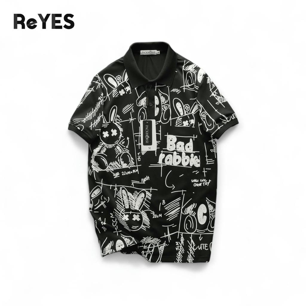 Áo polo nam ReYES RSP027 đen họa tiết thỏ nổi bật, thun cá sấu lạnh 4 chiều đi chơi