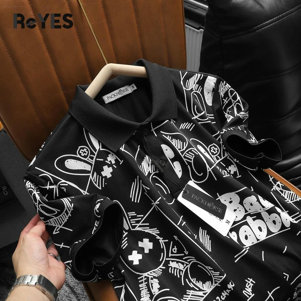 Áo polo nam ReYES RSP027 đen họa tiết thỏ nổi bật, thun cá sấu lạnh 4 chiều đi chơi - Ảnh 6