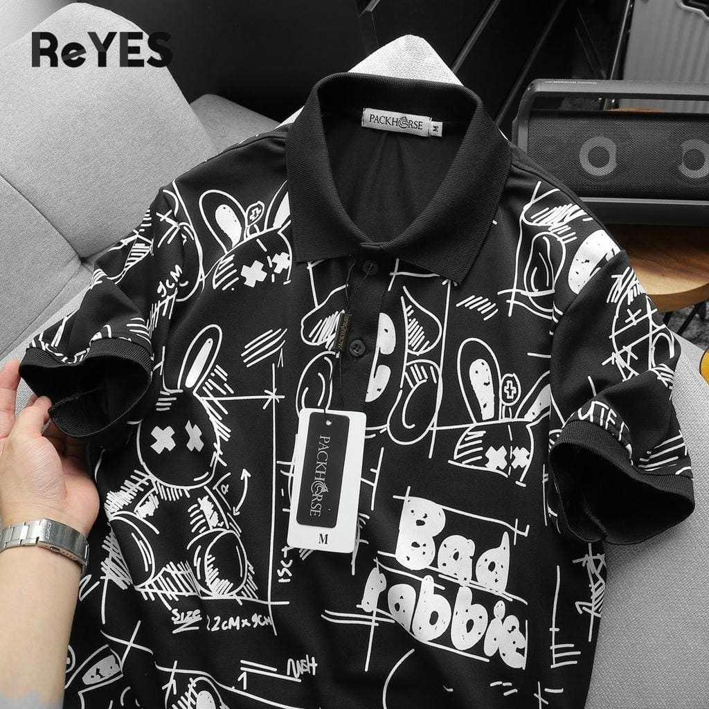 Áo polo nam ReYES RSP027 đen họa tiết thỏ nổi bật, thun cá sấu lạnh 4 chiều đi chơi - Ảnh 7