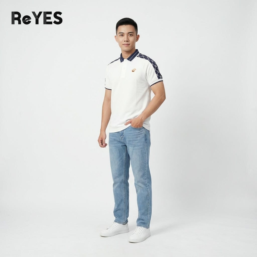 Alternative view of Áo polo nam ReYES RSP049 vải cá sấu vẩy cá cao cấp cổ bẻ phối vai họa tiết, áo thun nam tay ngắn đi làm đi chơi