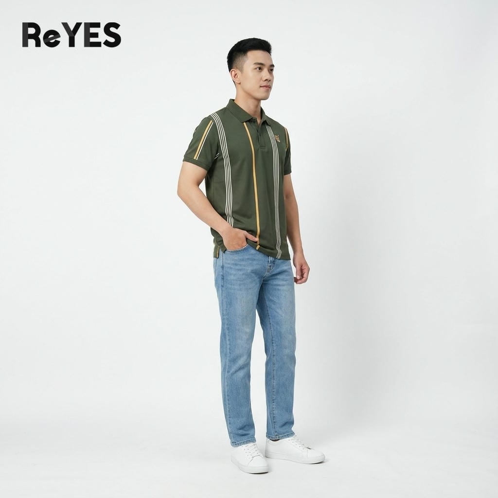 Alternative view of Áo polo nam sọc dọc chất cá sấu lạnh form regular mặc đi làm đi chơi ReYES RSP015 màu trắng, đen, rêu
