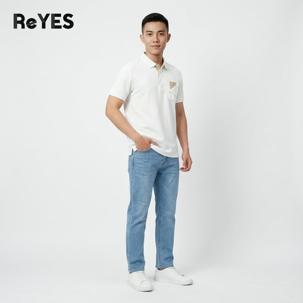 Alternative view of Áo polo nam tay ngắn polo ReYES RSP052 chất vải cá sấu vảy cá thoáng mát, thiết kế phối túi hộp độc đáo form regular.