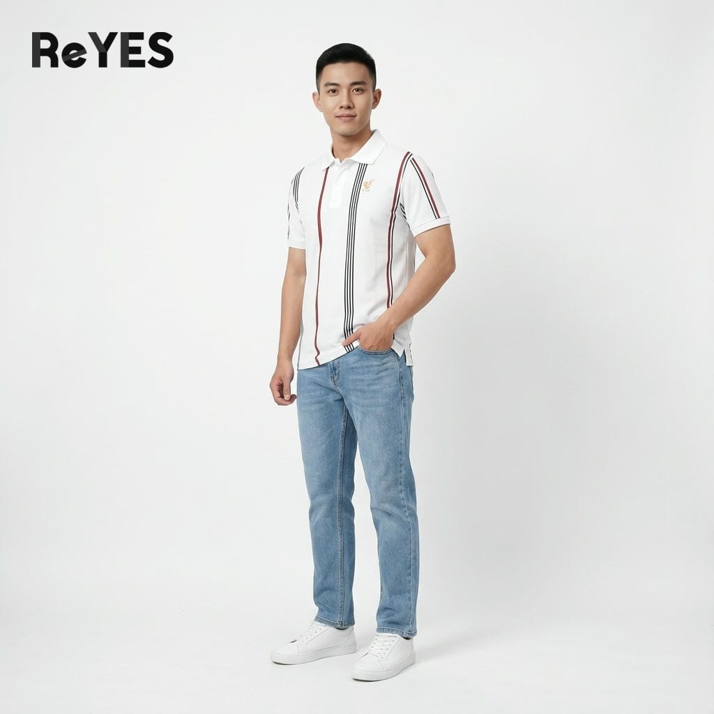 Alternative view of Áo polo nam tay ngắn ReYES RSP015 In họa tiết sọc dọc chất cá sấu lạnh thoáng mát form Regular màu trắng, đen, rêu