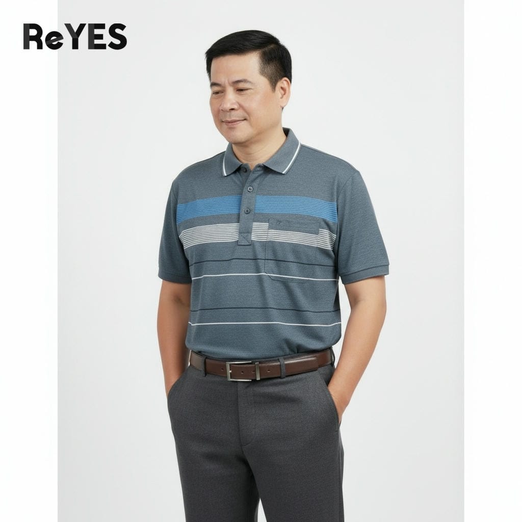 Áo polo nam trung niên có túi kẻ sọc ngang, áo thun có cổ cho nam, áo polo nam ngắn tay ReYES RCP006, có big size - Ảnh 7