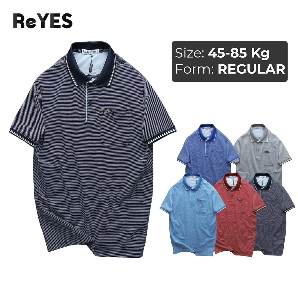 Áo polo nam trung niên có túi, sọc nhỏ vải cotton cao cấp form rộng cho bố ReYES RCP004 màu xanh, xám, đỏ