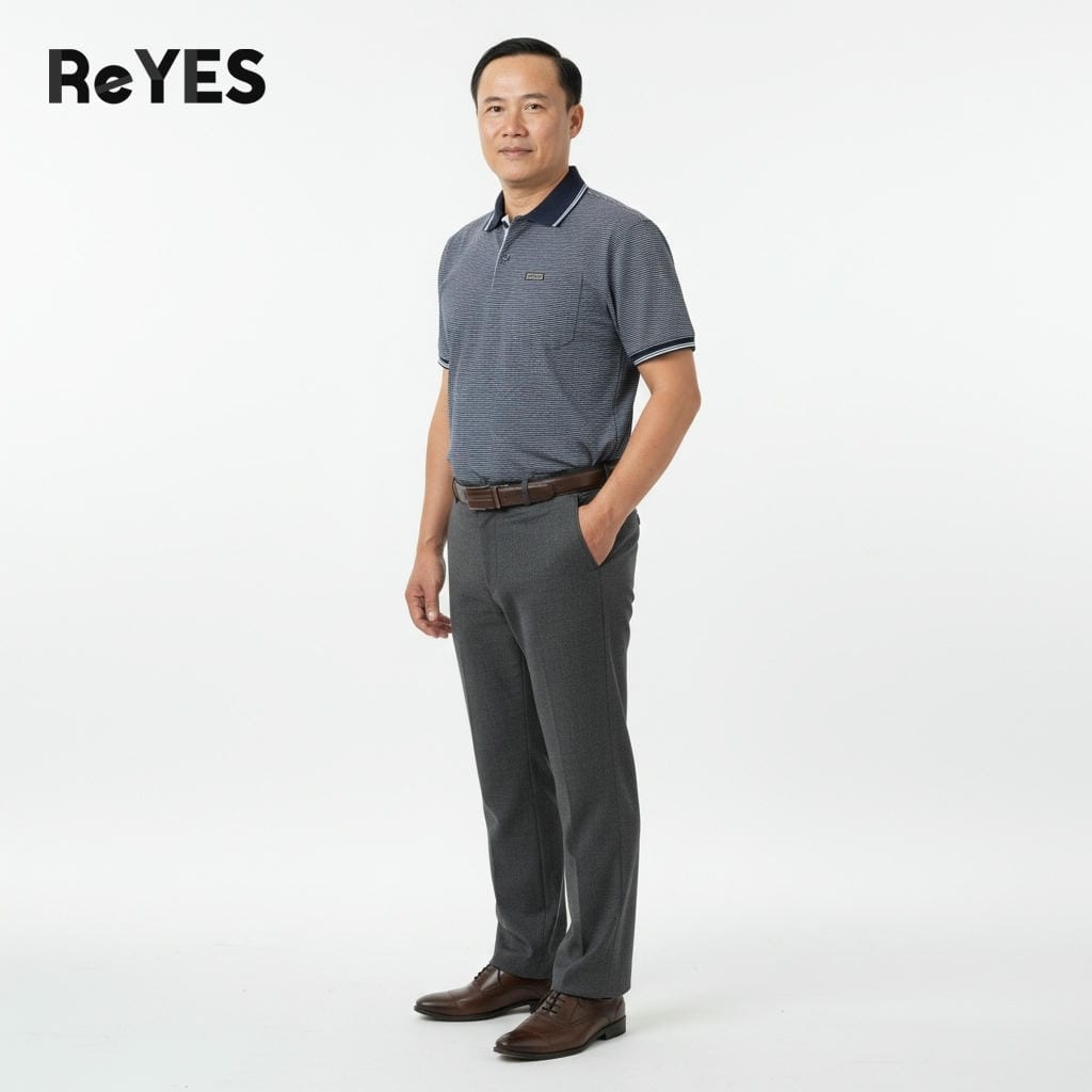 Alternative view of Áo polo nam trung niên có túi, sọc nhỏ vải cotton cao cấp form rộng cho bố ReYES RCP004 màu xanh, xám, đỏ