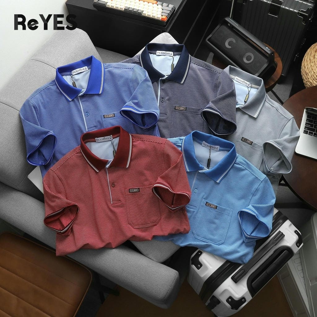 Áo polo nam trung niên có túi, sọc nhỏ vải cotton cao cấp form rộng cho bố ReYES RCP004 màu xanh, xám, đỏ - Ảnh 3