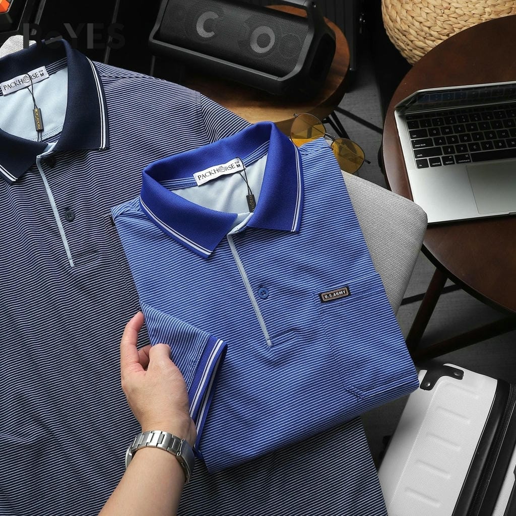 Áo polo nam trung niên có túi, sọc nhỏ vải cotton cao cấp form rộng cho bố ReYES RCP004 màu xanh, xám, đỏ - Ảnh 4