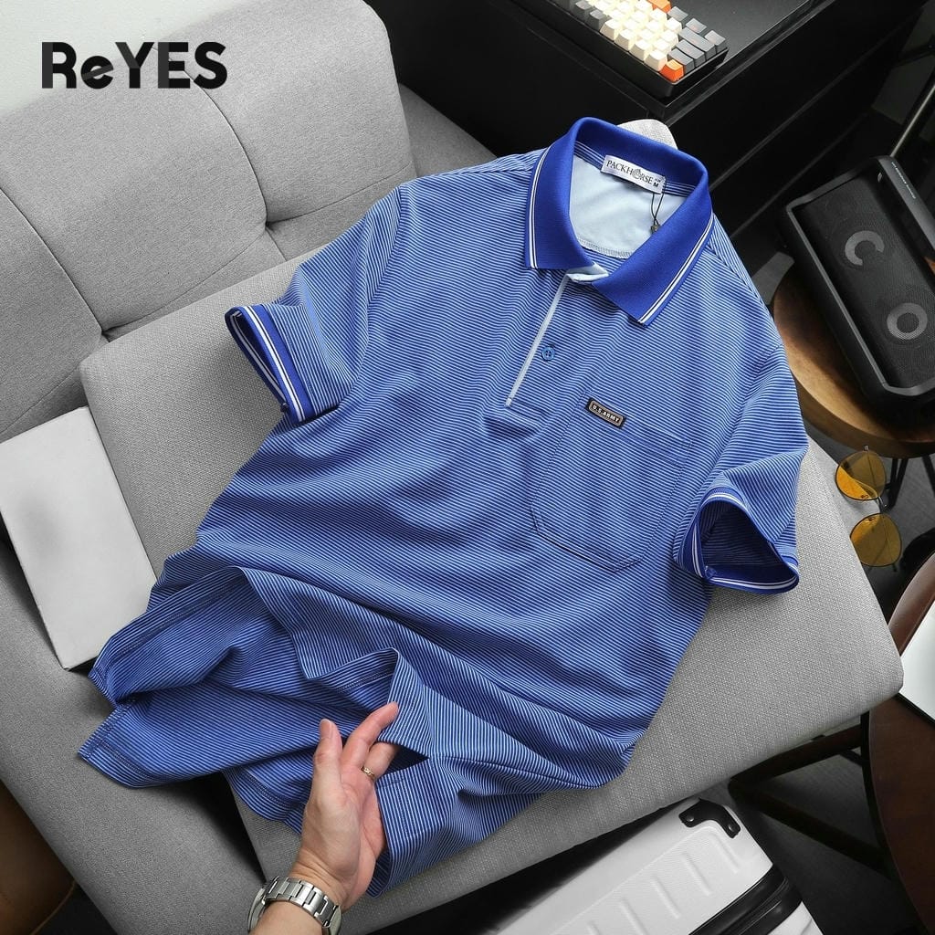 Áo polo nam trung niên có túi, sọc nhỏ vải cotton cao cấp form rộng cho bố ReYES RCP004 màu xanh, xám, đỏ - Ảnh 6