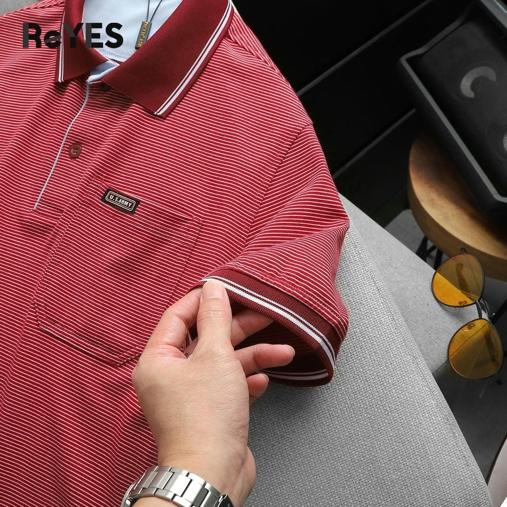 Áo polo nam trung niên có túi, sọc nhỏ vải cotton cao cấp form rộng cho bố ReYES RCP004 màu xanh, xám, đỏ - Ảnh 8