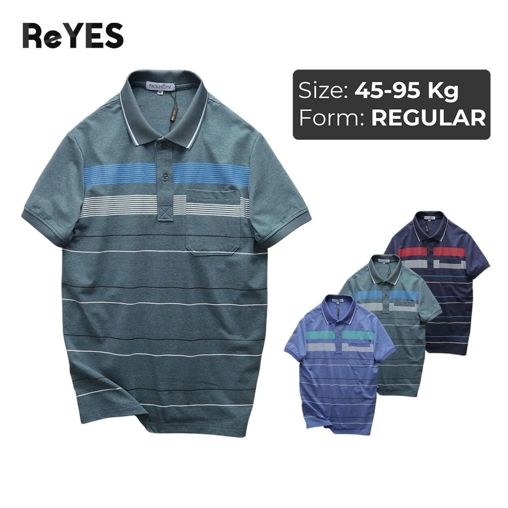 Áo polo nam trung niên có túi vải cotton muối cao cấp, áo thun cổ bẻ sọc ngang form rộng tặng bố ReYES RCP006