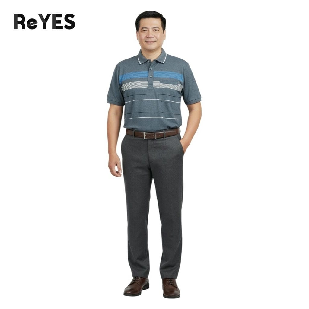 Alternative view of Áo polo nam trung niên có túi vải cotton muối cao cấp, áo thun cổ bẻ sọc ngang form rộng tặng bố ReYES RCP006