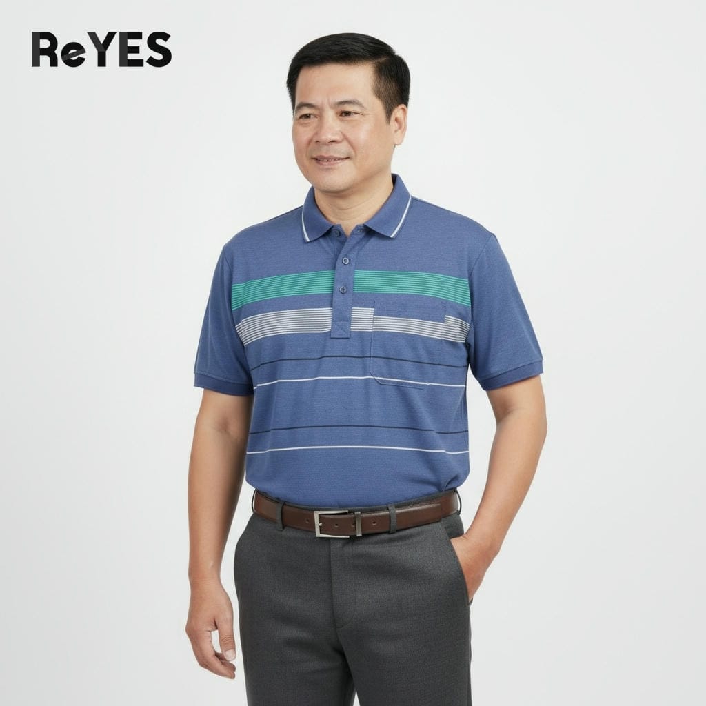 Áo polo nam trung niên có túi vải cotton muối cao cấp, áo thun cổ bẻ sọc ngang form rộng tặng bố ReYES RCP006 - Ảnh 3