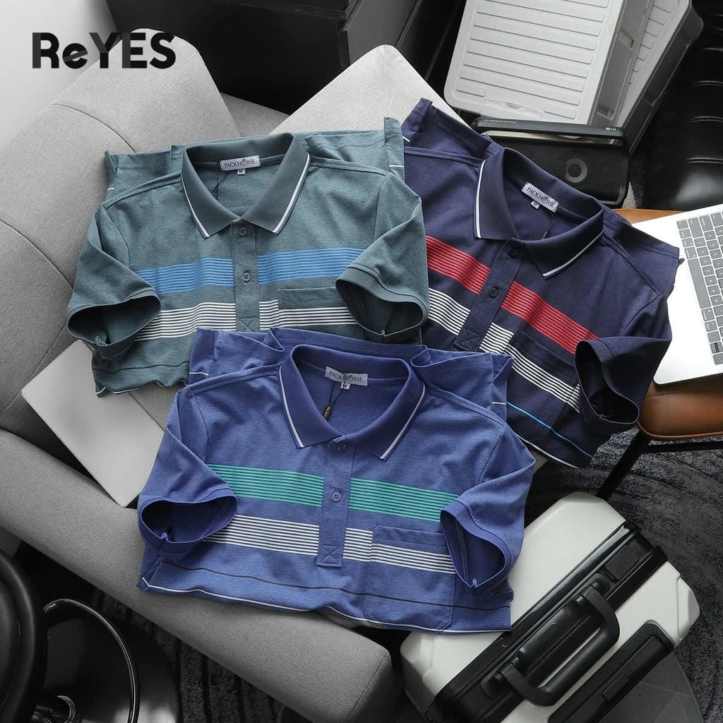 Áo polo nam trung niên có túi vải cotton muối cao cấp, áo thun cổ bẻ sọc ngang form rộng tặng bố ReYES RCP006 - Ảnh 4