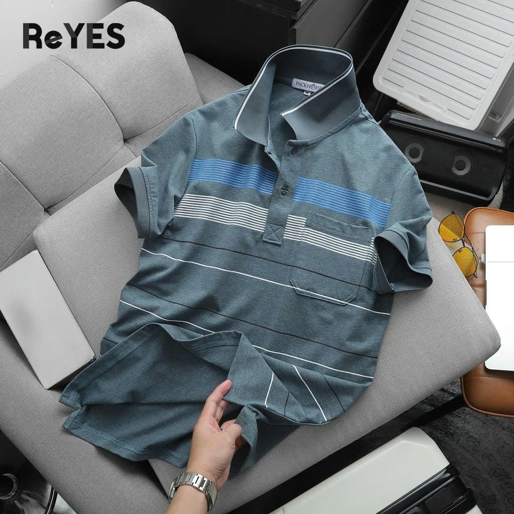 Áo polo nam trung niên có túi vải cotton muối cao cấp, áo thun cổ bẻ sọc ngang form rộng tặng bố ReYES RCP006 - Ảnh 5