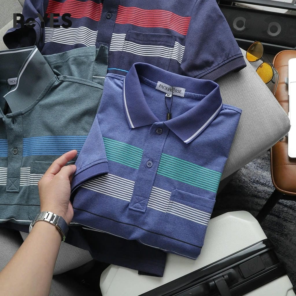 Áo polo nam trung niên có túi vải cotton muối cao cấp, áo thun cổ bẻ sọc ngang form rộng tặng bố ReYES RCP006 - Ảnh 9