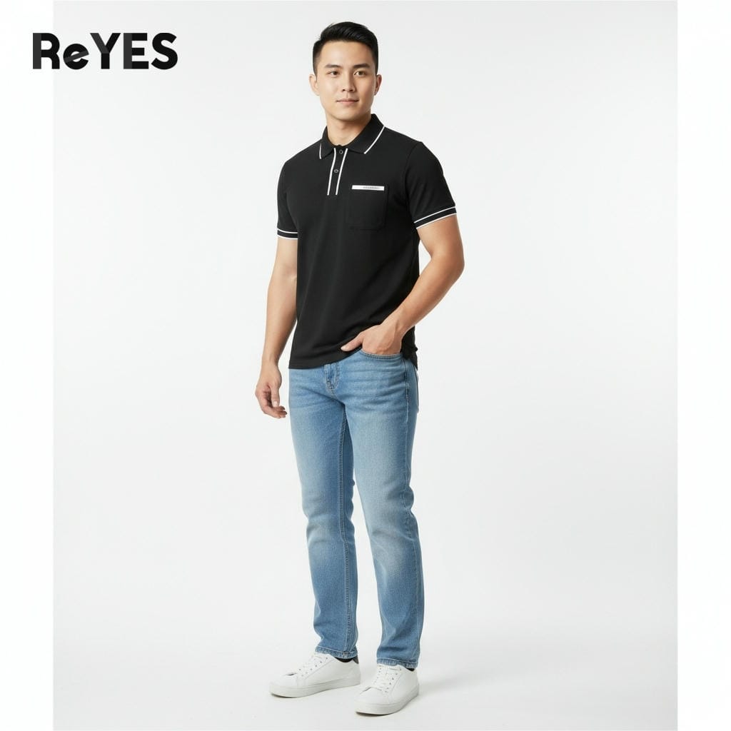 Alternative view of Áo thun nam có cổ polo ReYES RSP010 tay ngắn, chất cá sấu vảy cá dày dặn, có túi ngực tiện lợi, form regular basic
