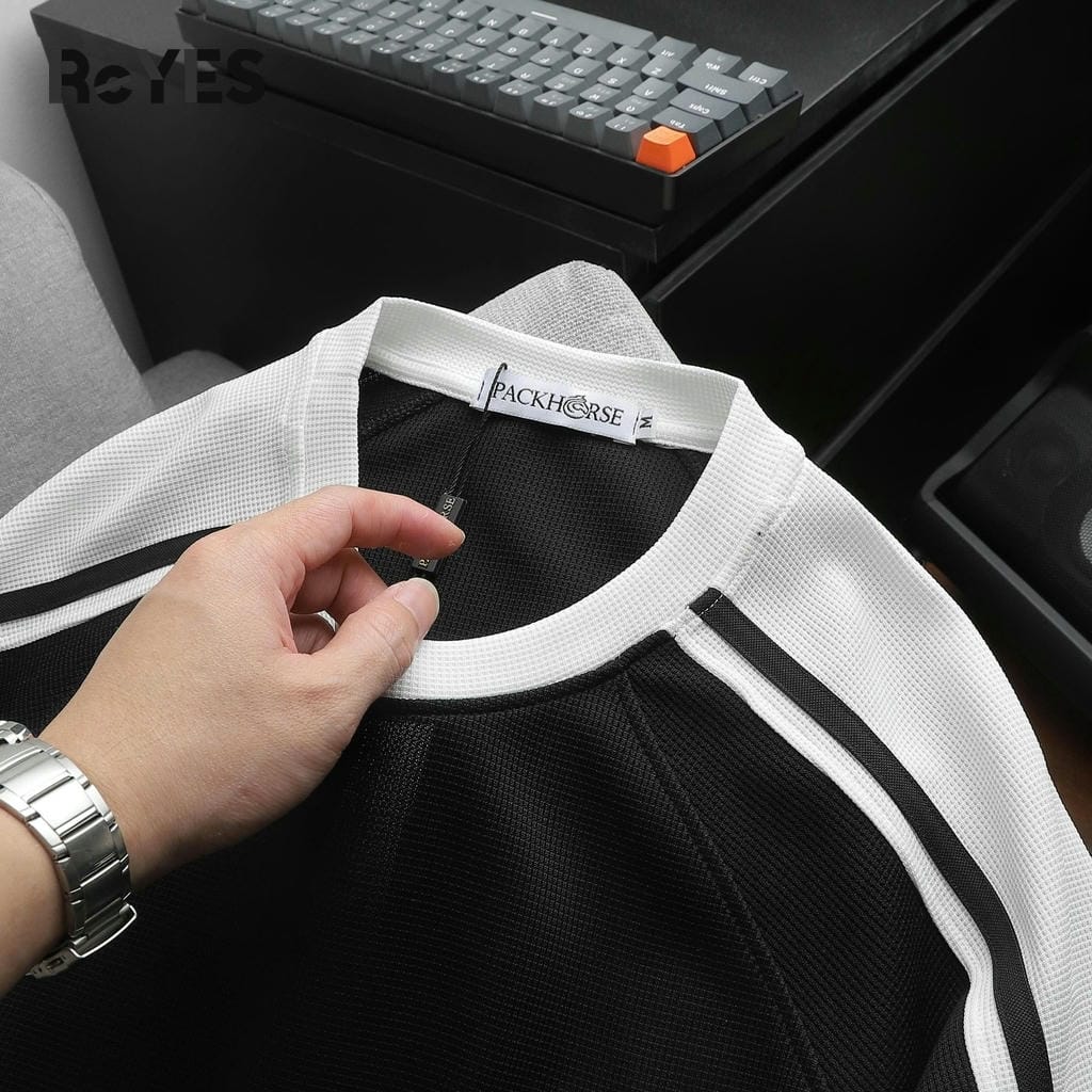 Áo thun nam cổ tròn cotton tổ ong ReYES RTX006 phối tay raglan form regular thoáng mát, màu trắng, đen - Ảnh 5
