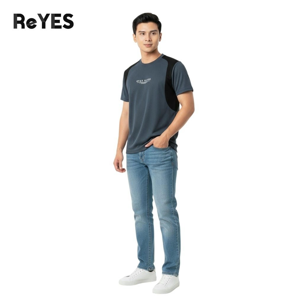 Alternative view of Áo thun nam cổ tròn thun cotton tổ ong ReYES RTX008 phối vai thể thao thoáng mát form regular, màu trắng, đen, xanh