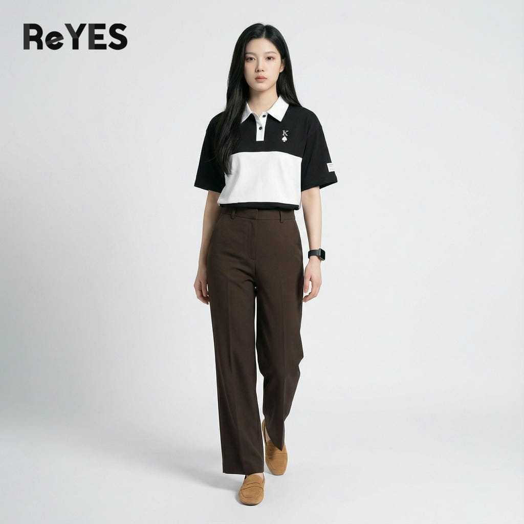 Alternative view of Áo thun nam nữ form rộng cổ polo phối màu trắng/đen, áo phông unisex cotton thấm hút, mặc đôi chụp hình ReYES ROP001