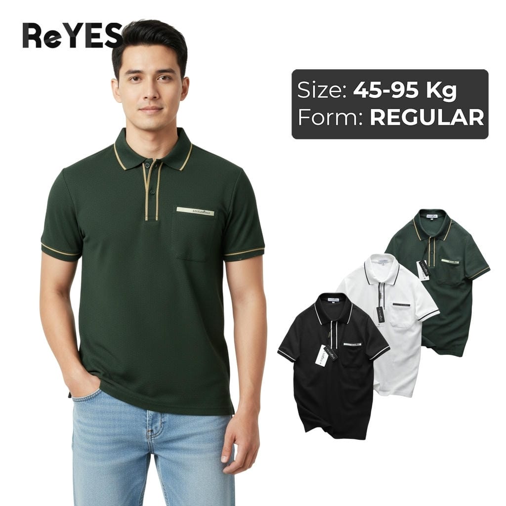Áo thun polo nam có cổ ngắn tay túi ngực chất cá sấu mát mịn size lớn 45-95kg ReYES RSP010, màu trắng, đen, xanh rêu