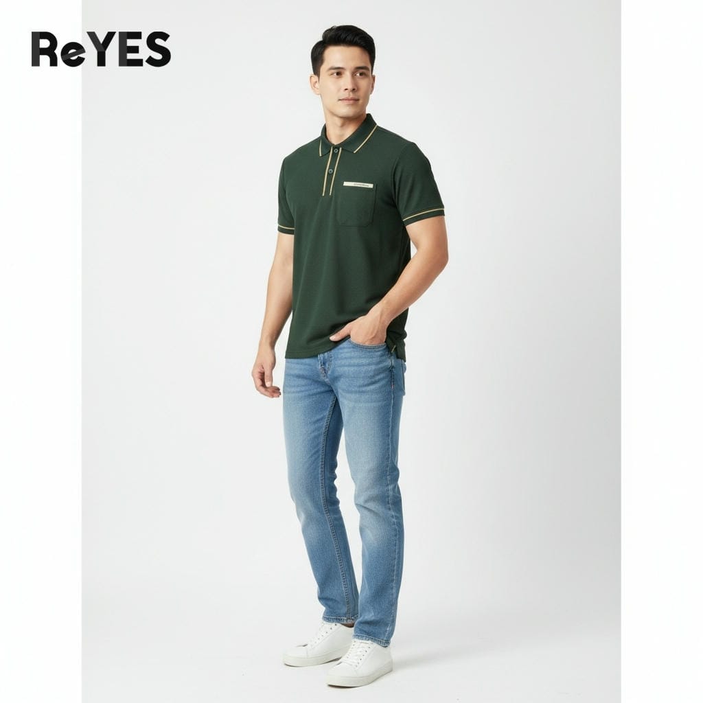Alternative view of Áo thun polo nam có cổ ngắn tay túi ngực chất cá sấu mát mịn size lớn 45-95kg ReYES RSP010, màu trắng, đen, xanh rêu