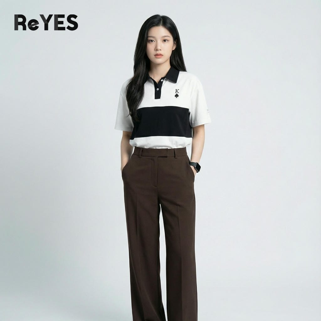 Alternative view of Áo thun unisex có cổ Polo Poker form rộng Oversize chất Cotton. Áo phông nam nữ phối màu đen trắng mặc đôi ReYES ROP001