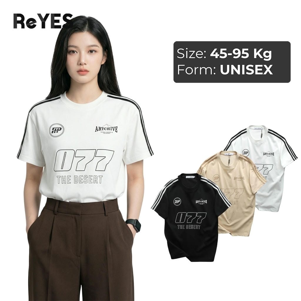 Áo thun unisex nam nữ 077 form rộng cotton mát, in chữ vai sọc, mặc đi học đi chơi ReYES RUS006