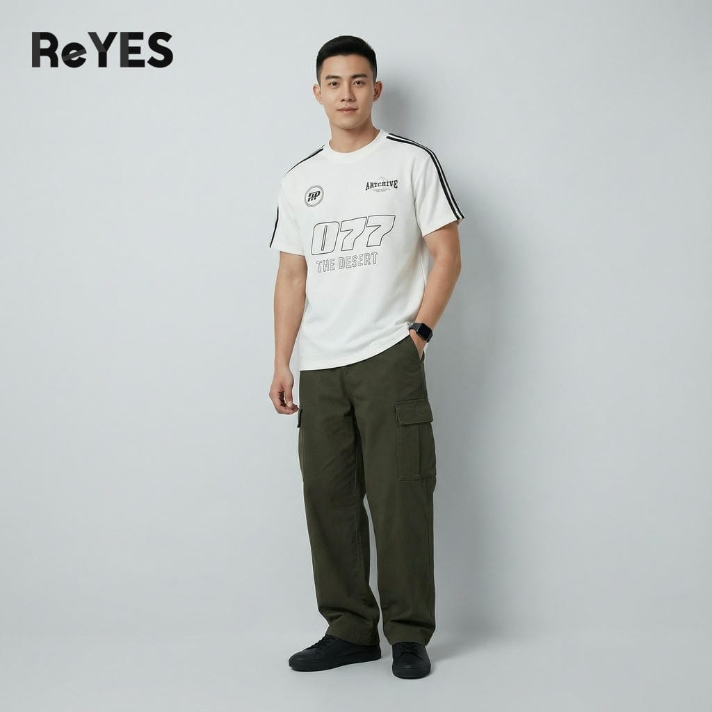 Alternative view of Áo thun unisex nam nữ 077 form rộng cotton mát, in chữ vai sọc, mặc đi học đi chơi ReYES RUS006