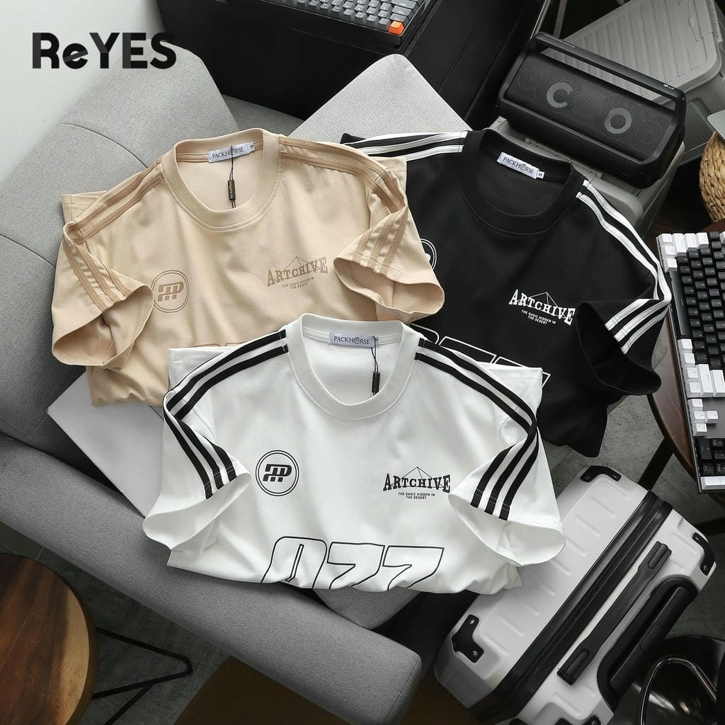 Áo thun unisex nam nữ 077 form rộng cotton mát, in chữ vai sọc, mặc đi học đi chơi ReYES RUS006 - Ảnh 7