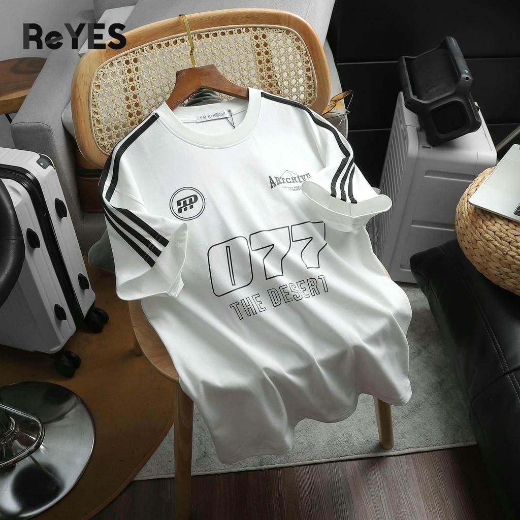 Áo thun unisex nam nữ 077 form rộng cotton mát, in chữ vai sọc, mặc đi học đi chơi ReYES RUS006 - Ảnh 9
