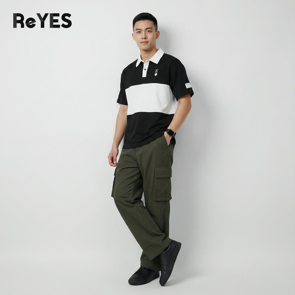 Alternative view of Áo thun unisex nam nữ Polo form rộng oversize chất cotton thoáng mát thấm hút mồ hôi phối màu đen trắng ReYES ROP001