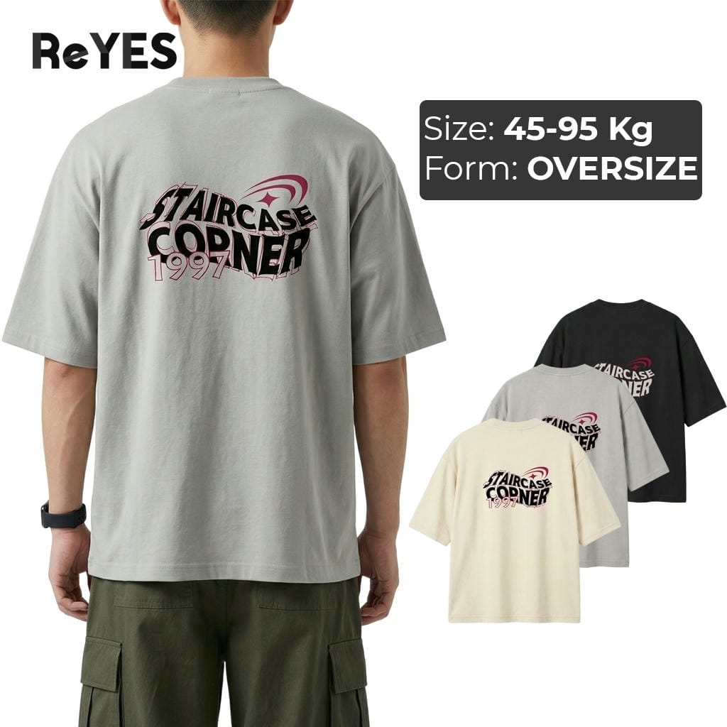 Áo thun unisex oversize CORNER cotton 100% trơn trước in sau Staircase Corner 1997, màu Đen/Xám/Be ReYES ROT014