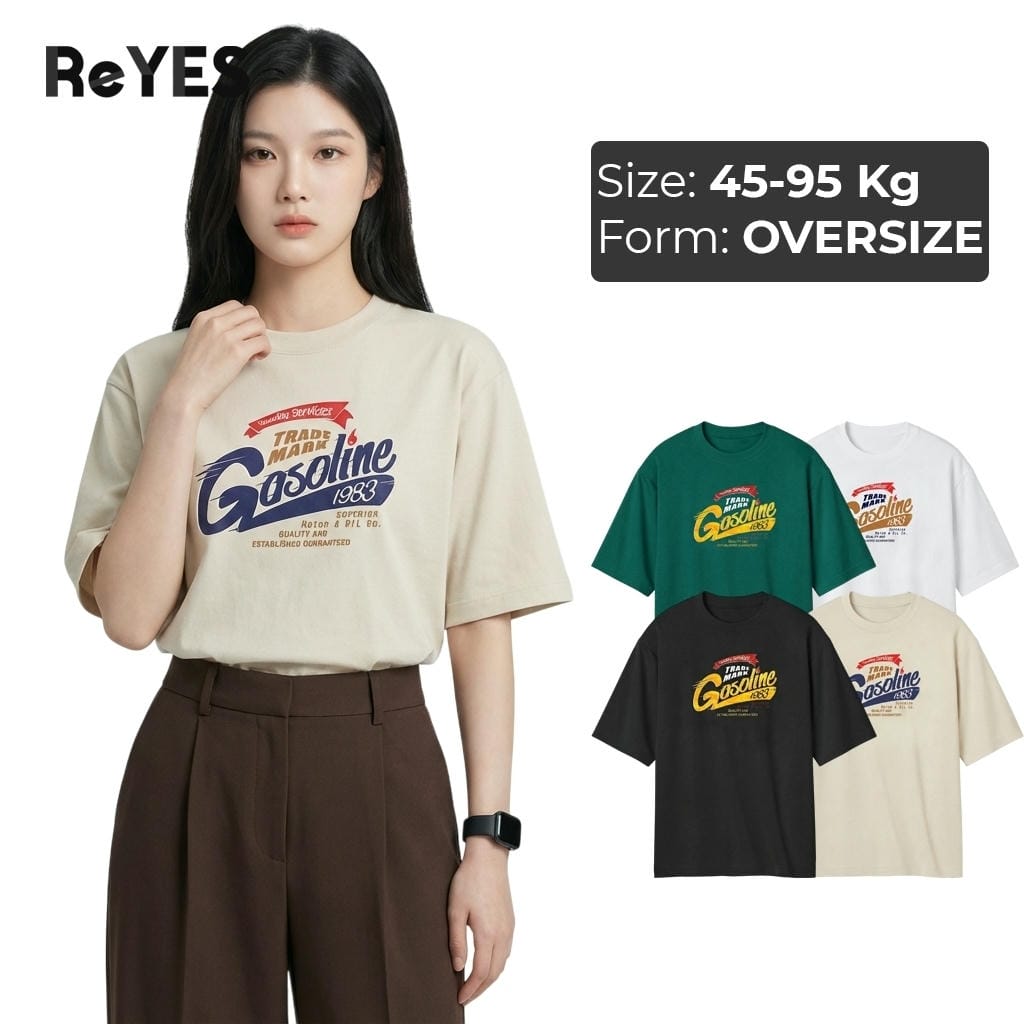 Áo thun unisex oversize Gasoline 1983 cotton 100% dệt gân nhỏ, 4 màu Trắng/Đen/Be/Rêu ReYES ROT005