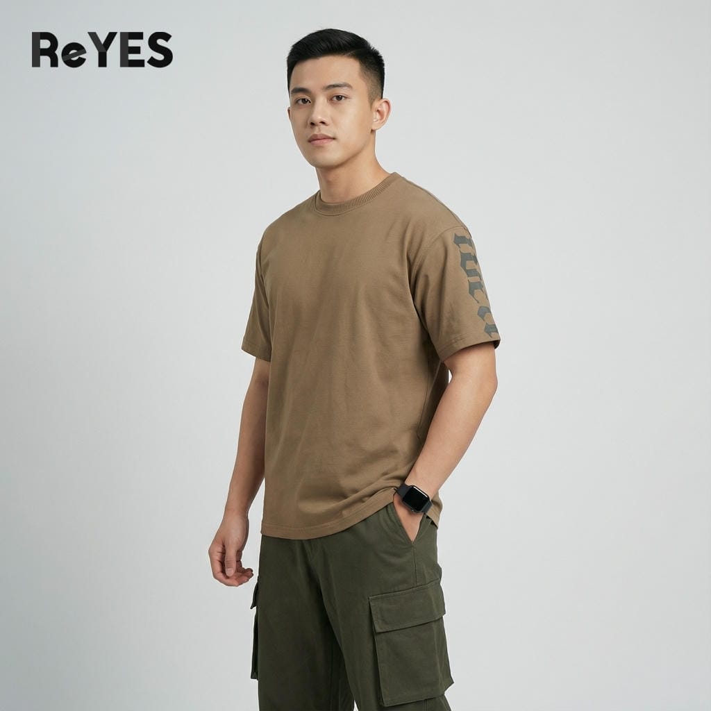 Áo thun unisex oversize Idea cotton 100% dệt gân, áo phông nam nữ in tay, 3 màu kem nâu xám ReYES ROT008 - Ảnh 6