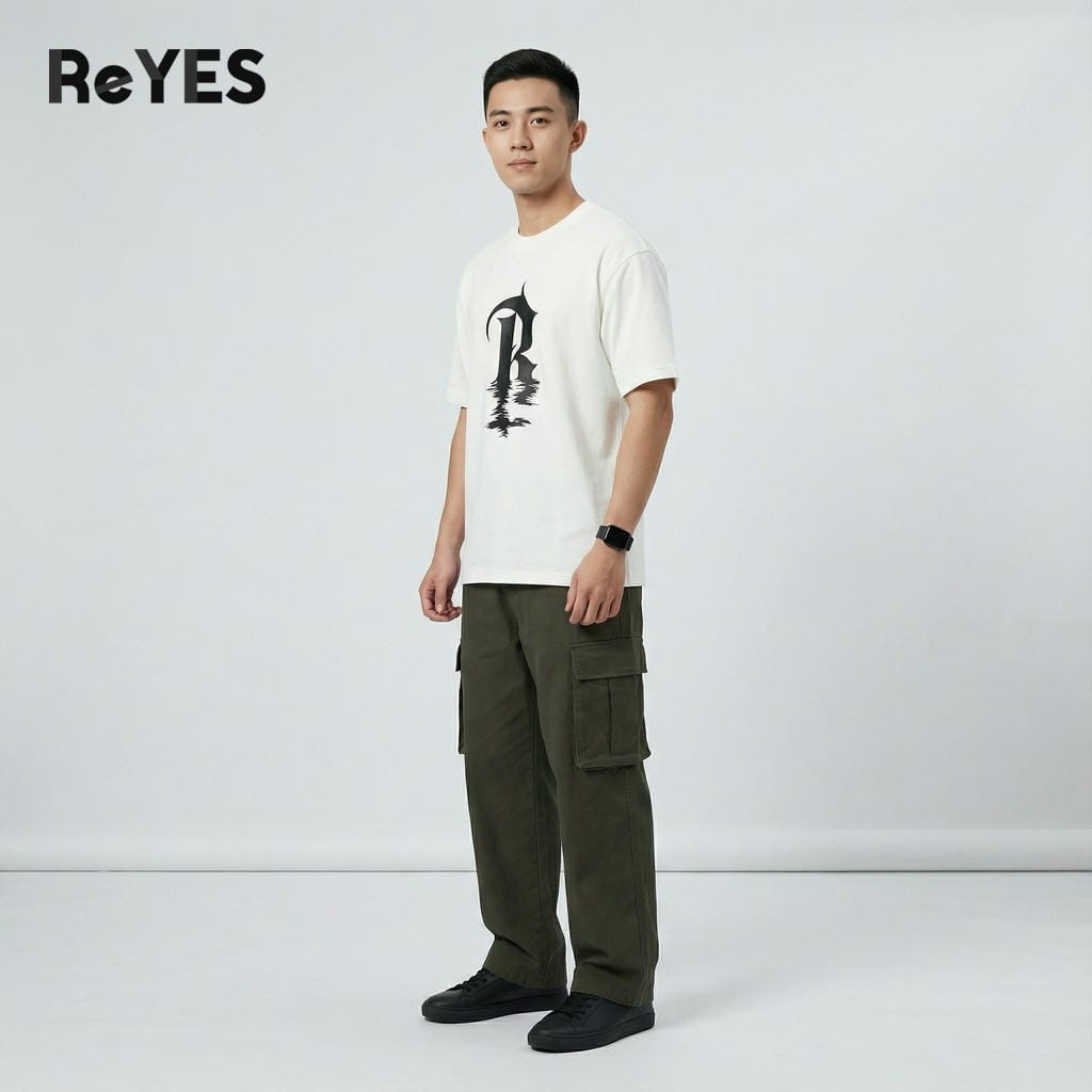 Áo thun unisex oversize in chữ R, cotton khô 100% dệt gân nhỏ, áo thun nam nữ form rộng trắng/đen ReYES ROT012 - Ảnh 3
