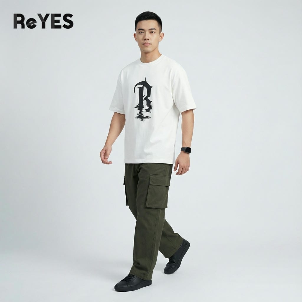 Áo thun unisex oversize in chữ R, cotton khô 100% dệt gân nhỏ, áo thun nam nữ form rộng trắng/đen ReYES ROT012 - Ảnh 4