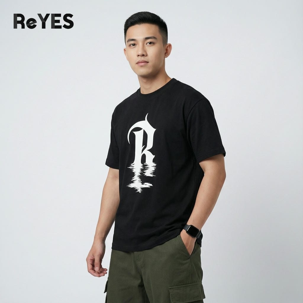 Áo thun unisex oversize in chữ R, cotton khô 100% dệt gân nhỏ, áo thun nam nữ form rộng trắng/đen ReYES ROT012 - Ảnh 5