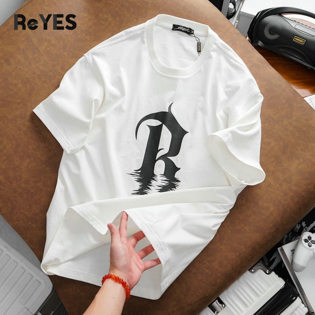 Áo thun unisex oversize in chữ R, cotton khô 100% dệt gân nhỏ, áo thun nam nữ form rộng trắng/đen ReYES ROT012 - Ảnh 8