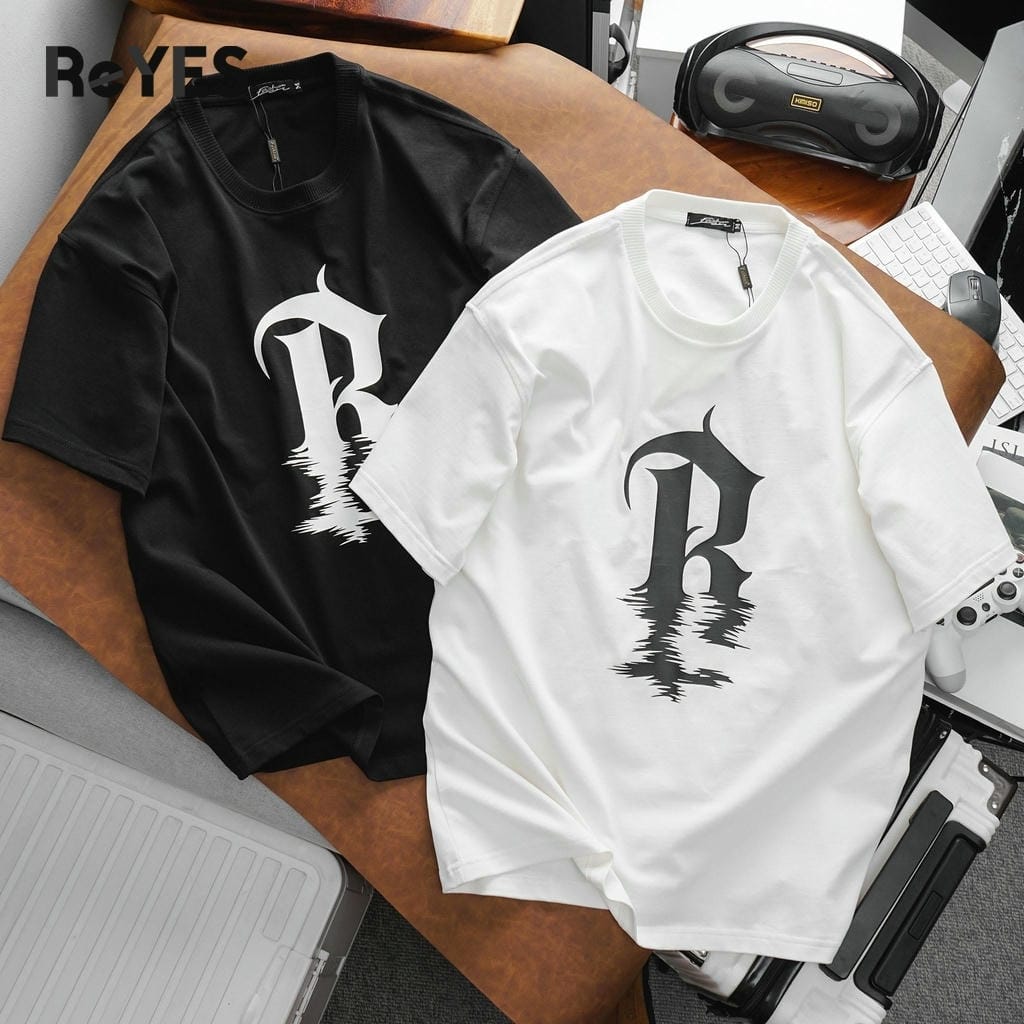 Áo thun unisex oversize in chữ R, cotton khô 100% dệt gân nhỏ, áo thun nam nữ form rộng trắng/đen ReYES ROT012 - Ảnh 9