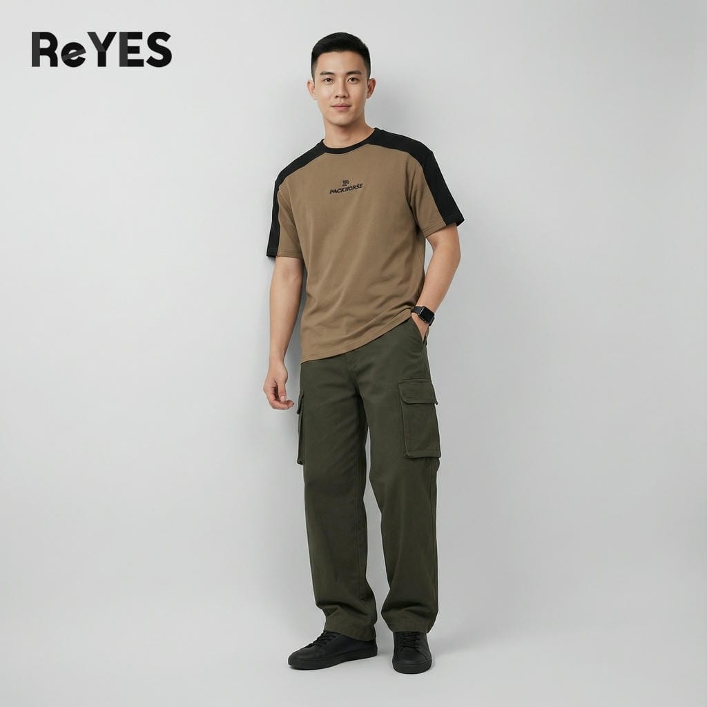 Alternative view of Áo thun unisex oversize nam nữ tay lỡ, cotton 100% phối màu vai, mặc đi học đi chơi ReYES ROT009