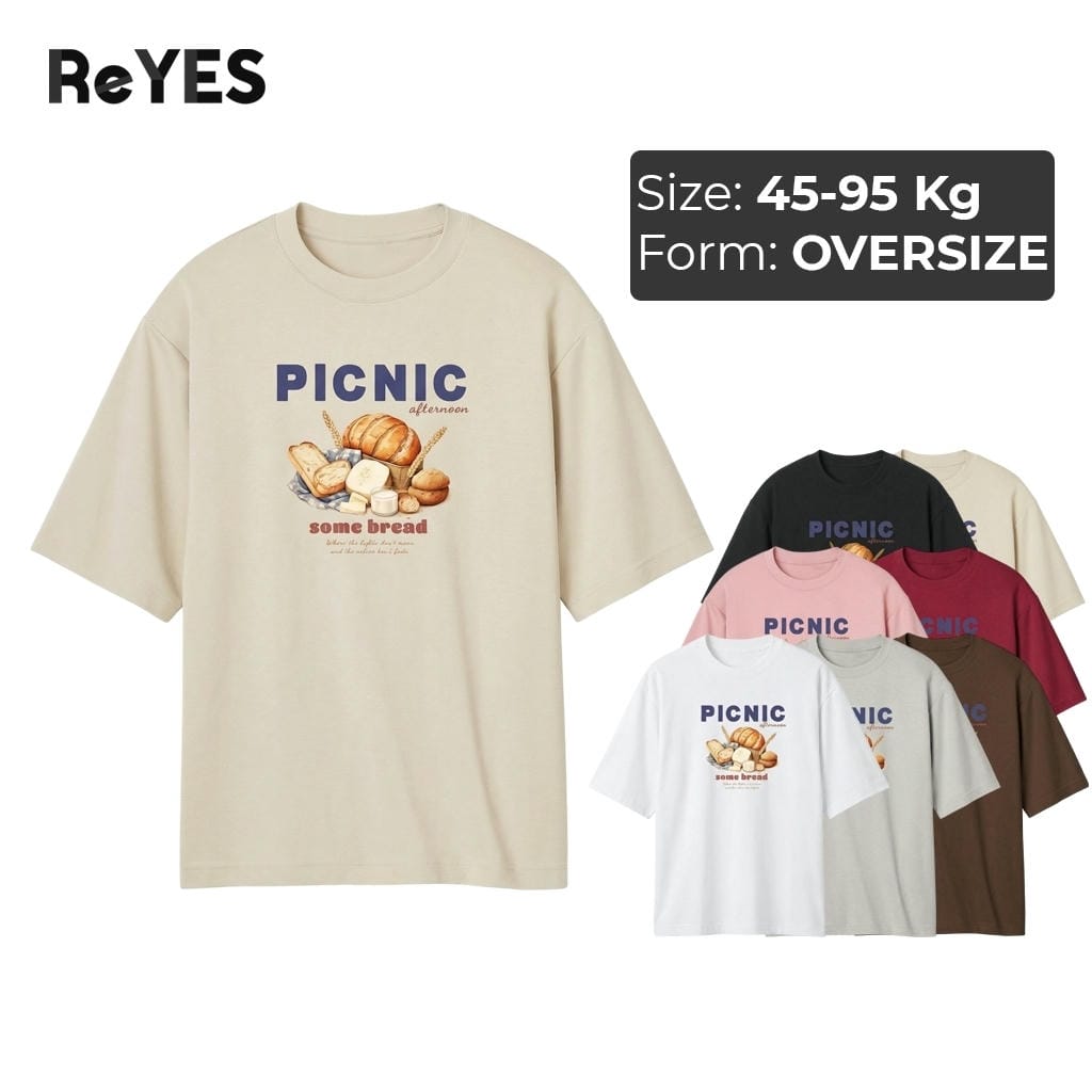 Áo thun unisex oversize PICNIC in hình bánh mì, cotton 100% thấm hút, form rộng tay lỡ, nhiều màu ReYES ROT006
