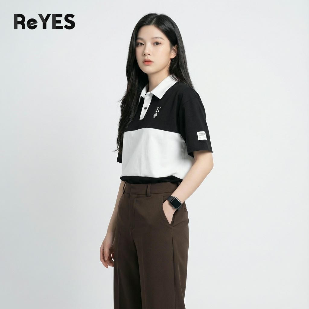 Alternative view of Áo thun unisex Polo Poker oversize cotton 100% phối trắng đen, áo phông nam nữ dễ phối đi học đi chơi ReYES ROP001
