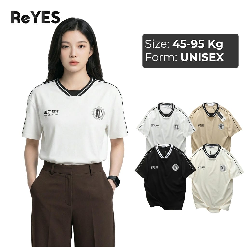 Áo thun unisex West cổ V viền sọc, cotton CPAU mát, áo phông nam nữ form rộng 4 màu ReYES RUS001